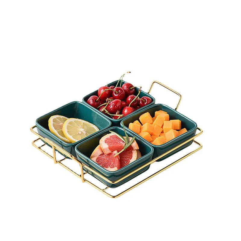 Ceramic Snack Tray Metal Handle Glass Bowl Candy Holder Plate