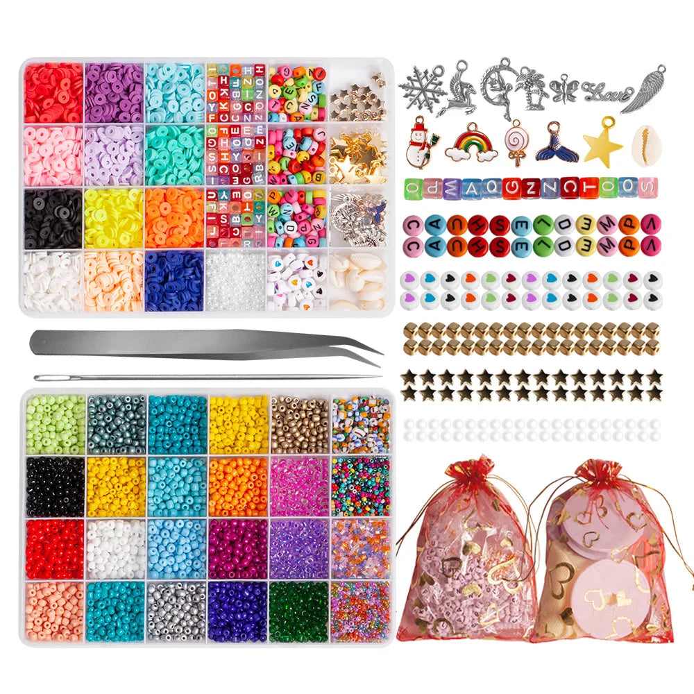 Wholesale 2 Boxs in One Set Including Fashion Pedant Letter Seed Beads Kit and Heishi Clay Beads Set for Handmade Jewelry