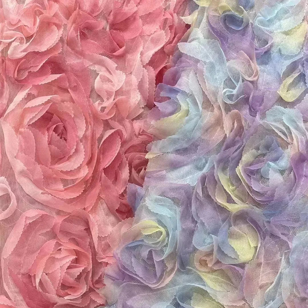 New Design 3d Ribbon Embroidery Rose Multi-color Embroidered Fabric for Dress Rose Lace Fabric