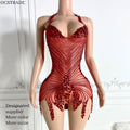 Ocstrade Diamond Sexy Women Birthday Club Dresses Deep V Neck See Through Mesh Rhinestone Dress Luxury Beaded Tassel Party Dress