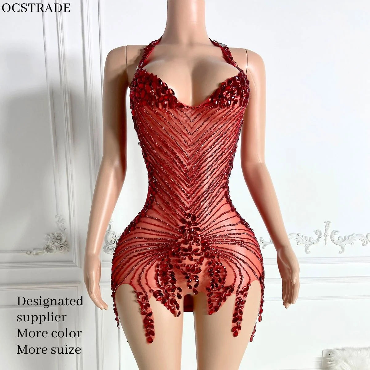 Ocstrade Diamond Sexy Women Birthday Club Dresses Deep V Neck See Through Mesh Rhinestone Dress Luxury Beaded Tassel Party Dress