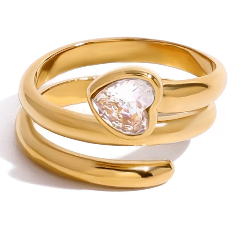 Delicate Shiny White Heart Zircon Waterproof Rings Three-Layer 18K Gold Stainless Steel Rings Non Fade Party Jewelry Women