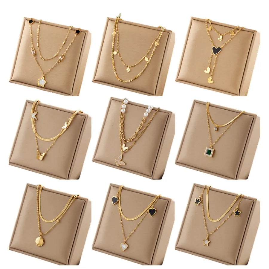 Wholesale Bulk Stainless Steel Jewelry Waterproof Heart Star and Butterfly Pendant Double Layered Gold Plated Necklace for Women