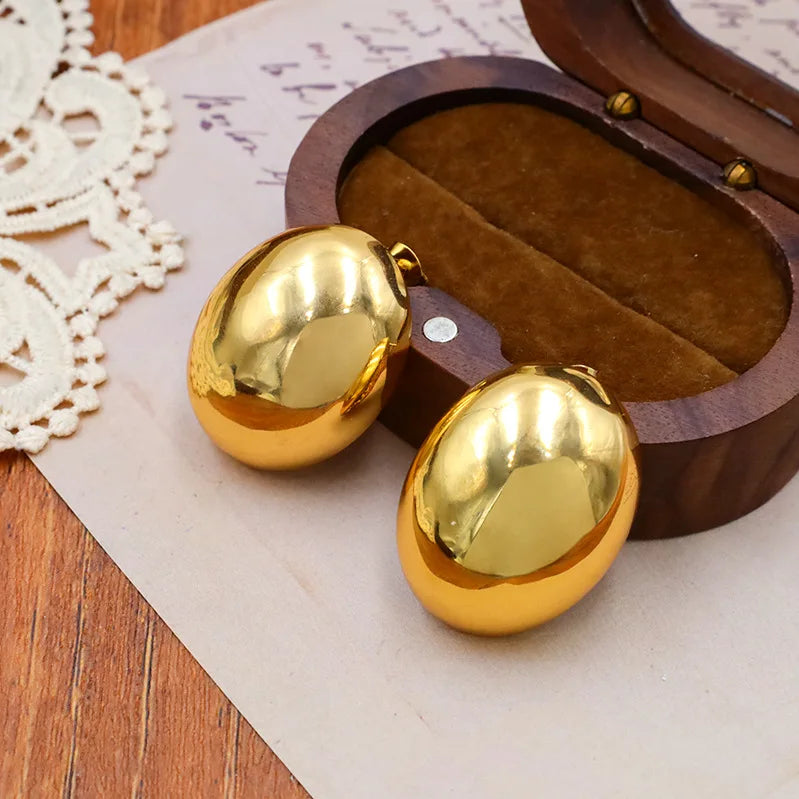 High End 18K Gold Plated Chunky Smooth Cambered Surface Stud Earrings Stainless Steel Jewelry for Women