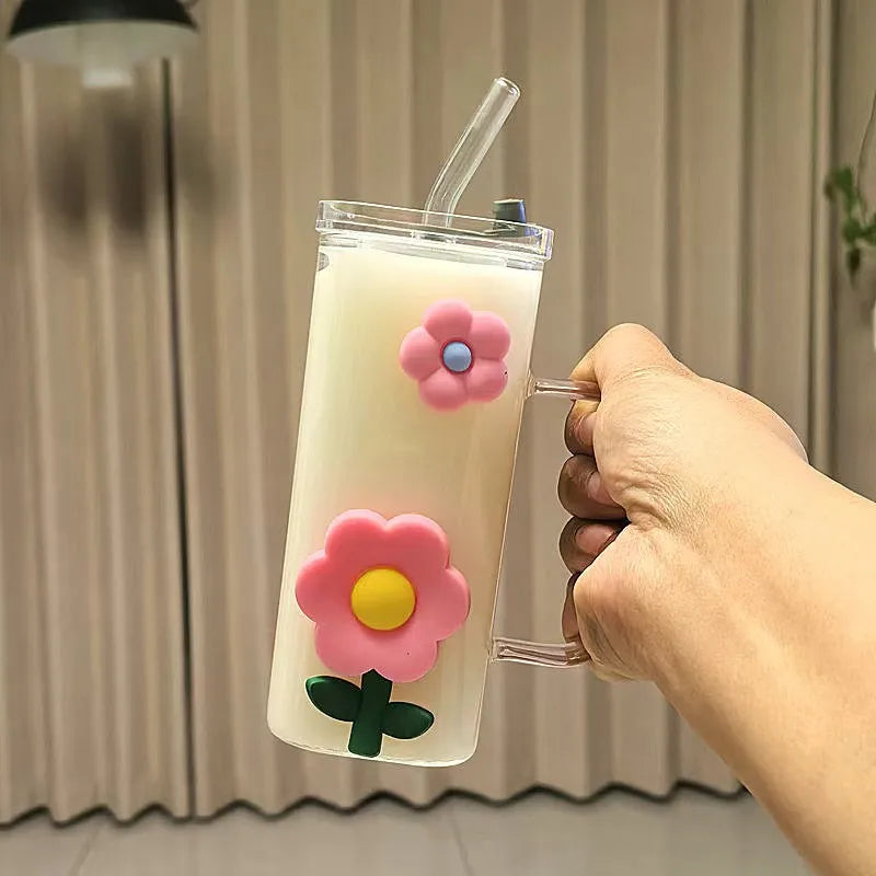 Glass Straw Cup Wholesale Large Capacity Cute Transparent Handle High Borosilicate Glass Mug Juice Milk Coffee Glass Water Cup