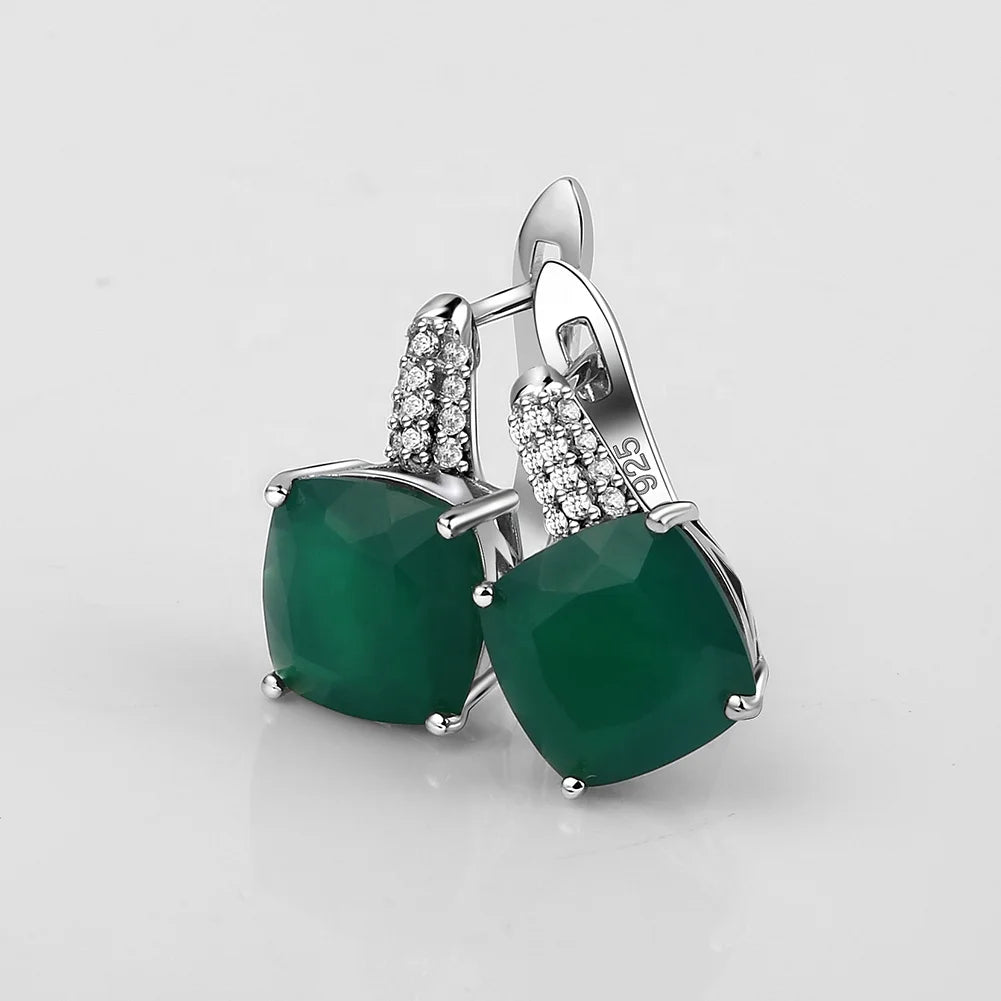 OEM/ODM Luxury 925 Sterling Silver Green Agate Jewelry English Lock Earrings for Women