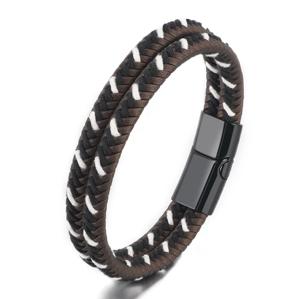 Personality Rope Weaving Double Leather Rope Bracelet Men Vintage Charm Alloy Bracelet