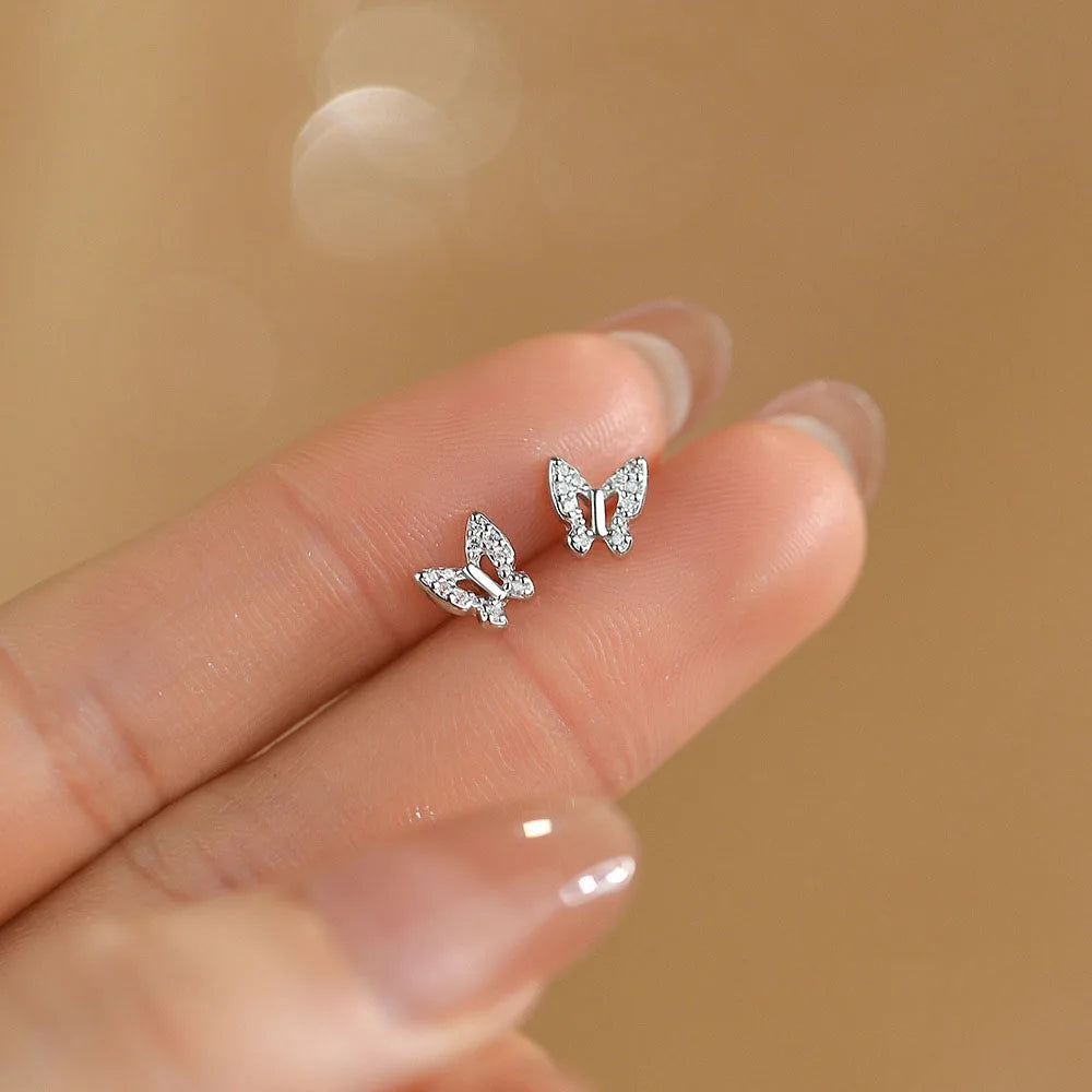 Korean Style S999 Pure Sterling Silver Zircon ButterflyStud Earrings Versatile Trendy for Women Jewelry Accessories YB-XY-553