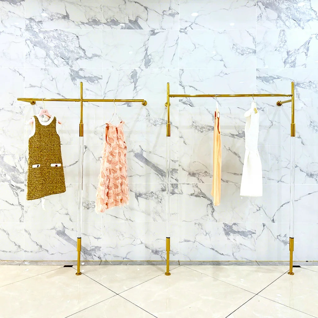 Clothes Store Fixture Custom Interior Design Wall Mounted Golden Metal T-shape Clothing Display Rack