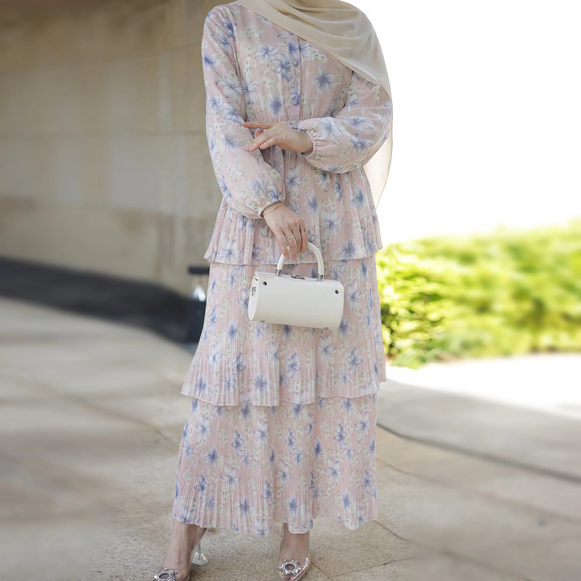 Loriya New Summer Abaya for Muslim Girls Abaya Islamic Clothing Chiffon Floral Abaya Dress Modest Style Dress