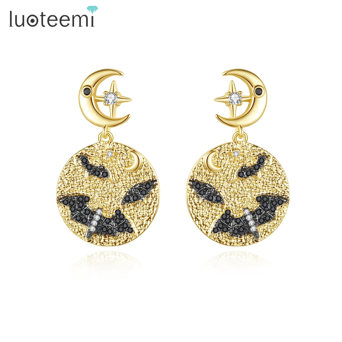 LUOTEEMI Brass Beat Pattern Handmade Dangle Moon and Stars Earring for Women Animal Fashion