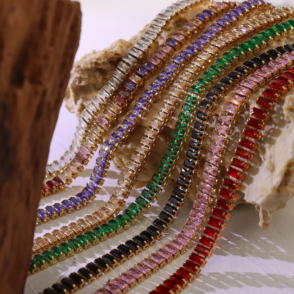 Luxury Multicolor Cubic Zirconia Bracelet Necklace Set 18K Gold Stainless Steel Rainbow CZ Zircon Tennis Chain Necklaces YF3165