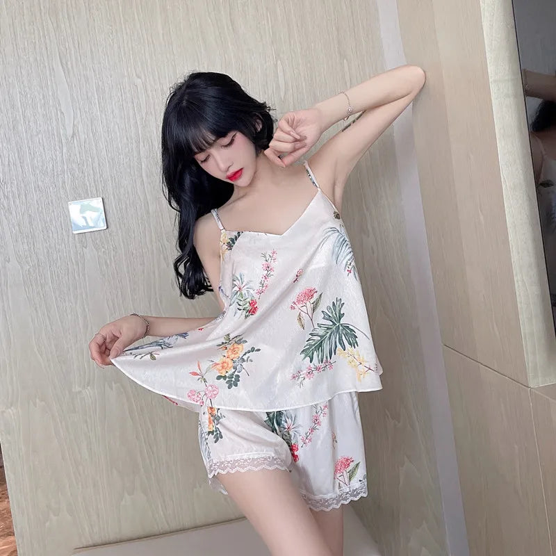 Wholesale Silk Satin Pajamas Girls Sleepwear Set Summer Women's Printed Pajamas Suit Ladies Home Wear