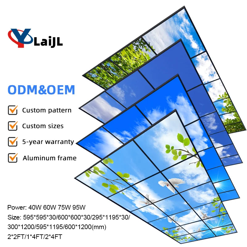 Modern 2x2ft Square LED Ceiling Panel Light Blue Sky White Clouds Design for Hotel & Hospital SMD2835 Light Source Aluminum Body