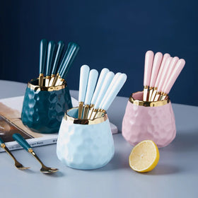 New Ceramic Handle Stainless Steel Fork Spoon Cutlery Set with Ceramic Storage Pot for Cake Desserts