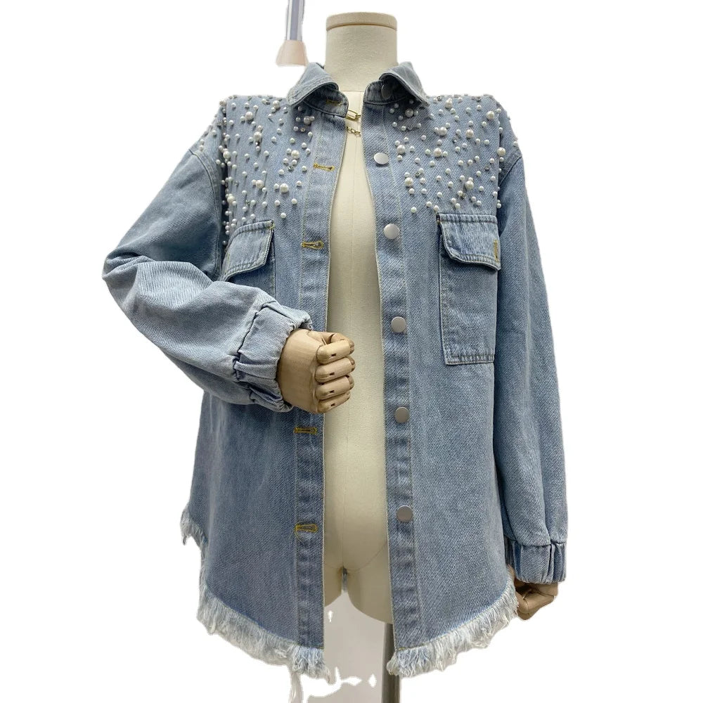 Womens Oversized Pearl Denim Jacket Casual Button Down Jean Shirt Coat