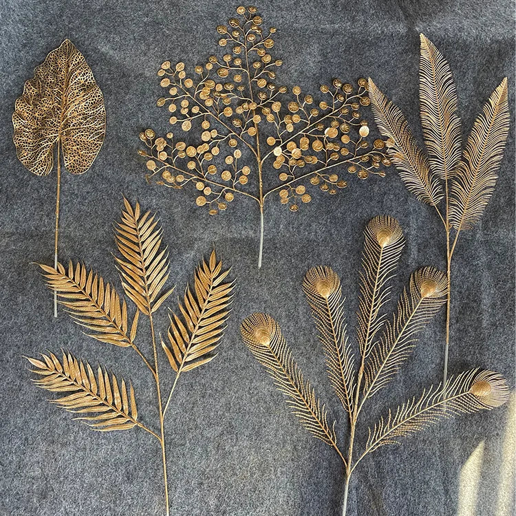 L06563 Wedding Home DIY Decor Artificial Silver Golden Monstera Palm Orchid Eucalyptus Plant Leaves Plastic Gold Leaf for Decor