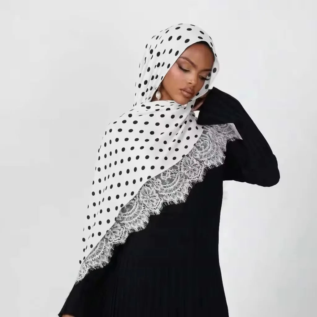 New Arrival Modal Printed Polka Dot Hijab with Chantilly Lace Hijab Merrachi Lace Trim Scarves Shawl Hijab for Muslim Women