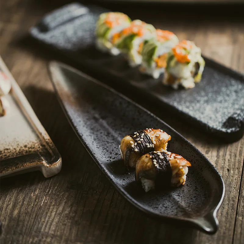 Creative Japanese Style Ceramic Fish Dish Eco-Friendly Blue Green Glaze Leaf Shaped Sushi Plate for Restaurant Use