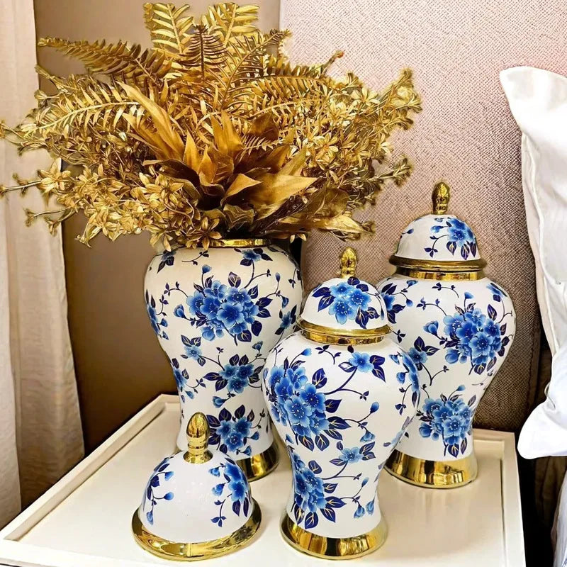 Nordic Blue and Gold Nautical Home Decoration Flower Vase Luxury Designs Lid Ginger Jars