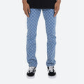 AeeDenim Custom Designers Jeans Men's Stacked Medium Wash and Finished With Jacquard Checkerboard Pattern Laser Denim Jeans
