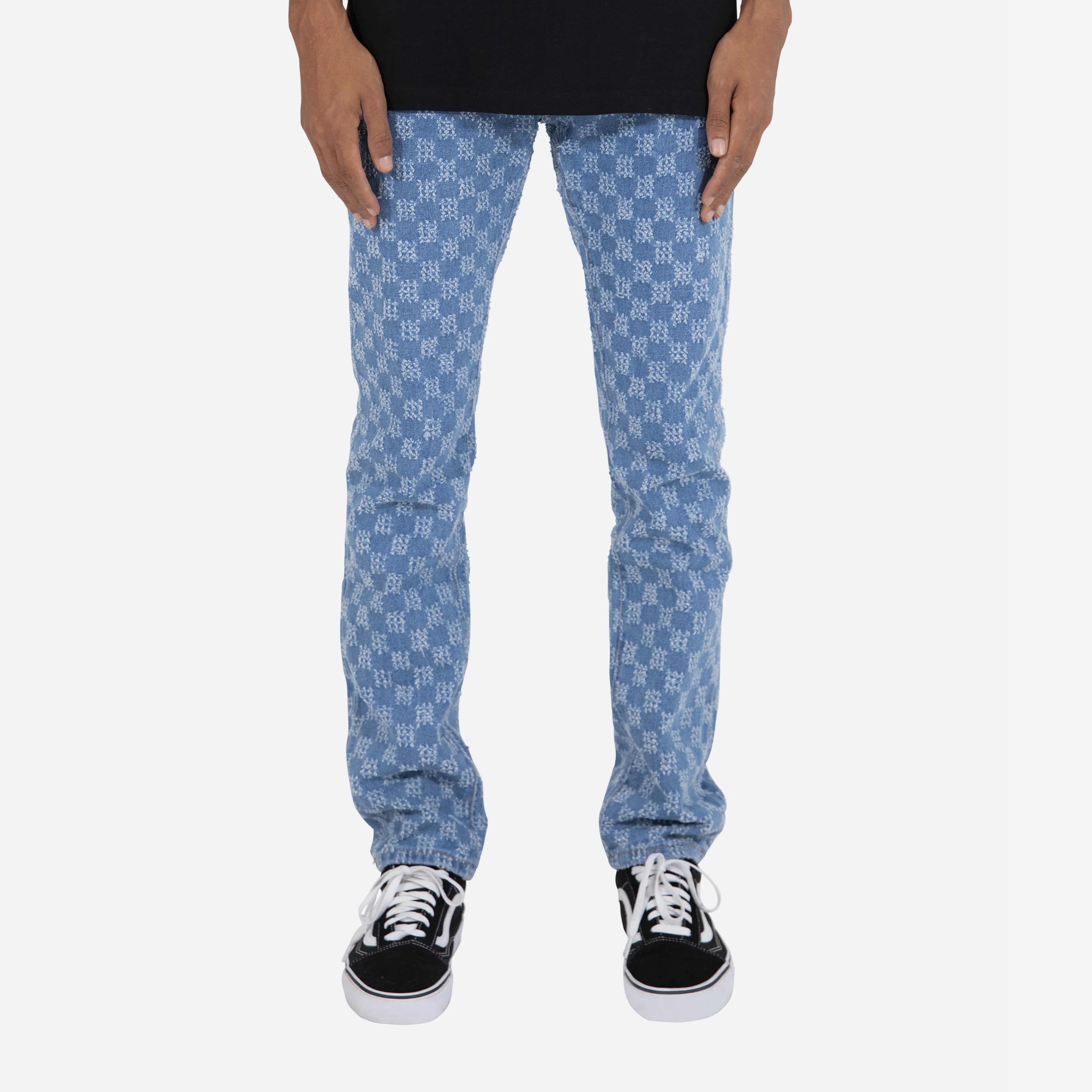 AeeDenim Custom Designers Jeans Men's Stacked Medium Wash and Finished With Jacquard Checkerboard Pattern Laser Denim Jeans