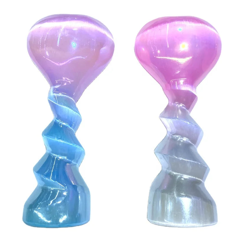 Wholesale Gypsum Heart Spiral Tower Hand Carved Electroplate Aura Selenite Heart Screw Tower for Decoration