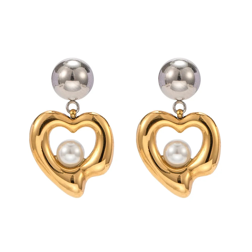 MJ New Trendy Delicate Chic Fashionable Pearl Waterproof Stainless Steel Gold Plated Heart Shape Earring Jewelry
