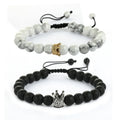 8mm Black White Turquoise Natural Stone Beaded Bracelet Crown Couple Braided Adjustable Bracelet