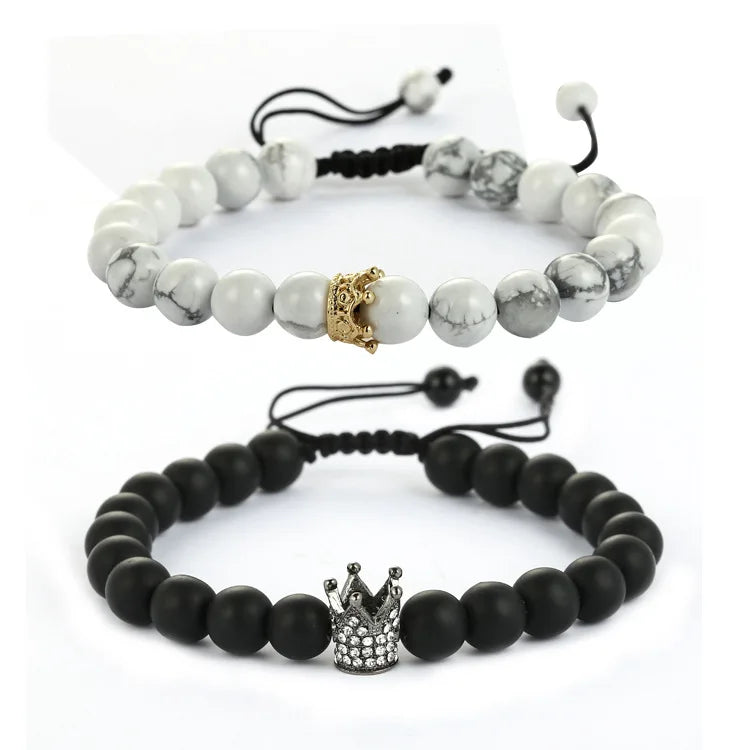 8mm Black White Turquoise Natural Stone Beaded Bracelet Crown Couple Braided Adjustable Bracelet