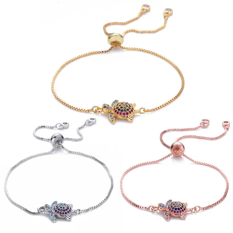 18k Gold Plated Box Chain Adjustable Tortoise Bracelet Colored Cubic Zirconia Turtle Bracelet