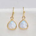 Gold plated natural rose quartz crystal moonstone fashion drop shape women gemstone hoop earrings
