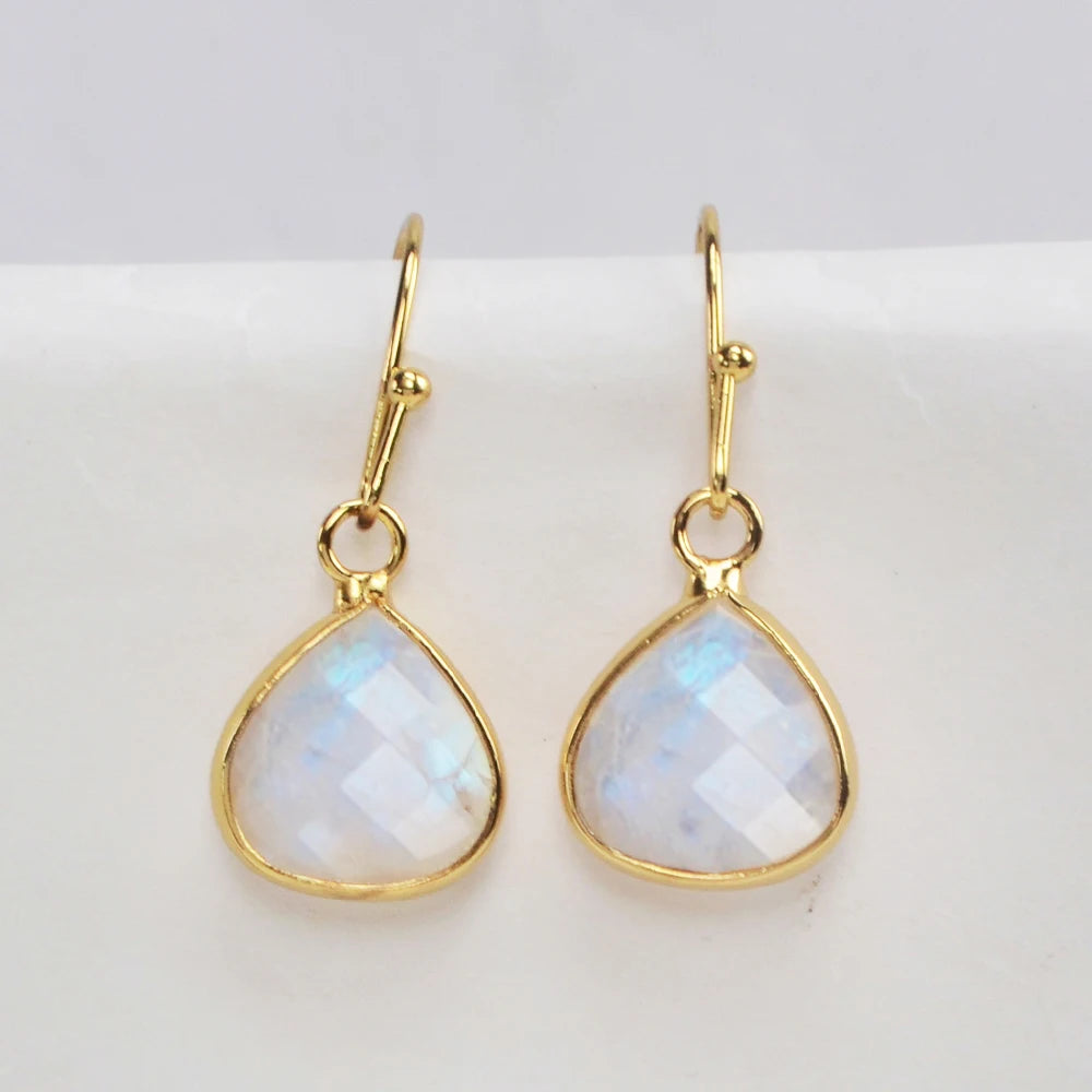 Gold plated natural rose quartz crystal moonstone fashion drop shape women gemstone hoop earrings