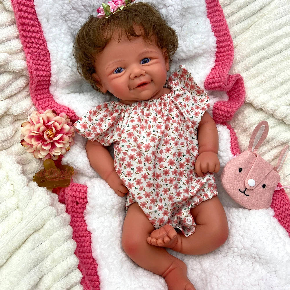 17inch Sweet Smiling Rebirth Girl Doll with Brown Curly Hair Child Companion Full Body Silicone Charming Reborn Dolls