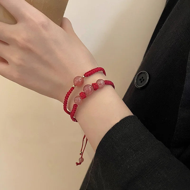 Adjustable Handmade Bracelet Artificial Obsidian Stone Strawberry Crystal Beads Friendship Rope Braid Men Women Bracelets Gift