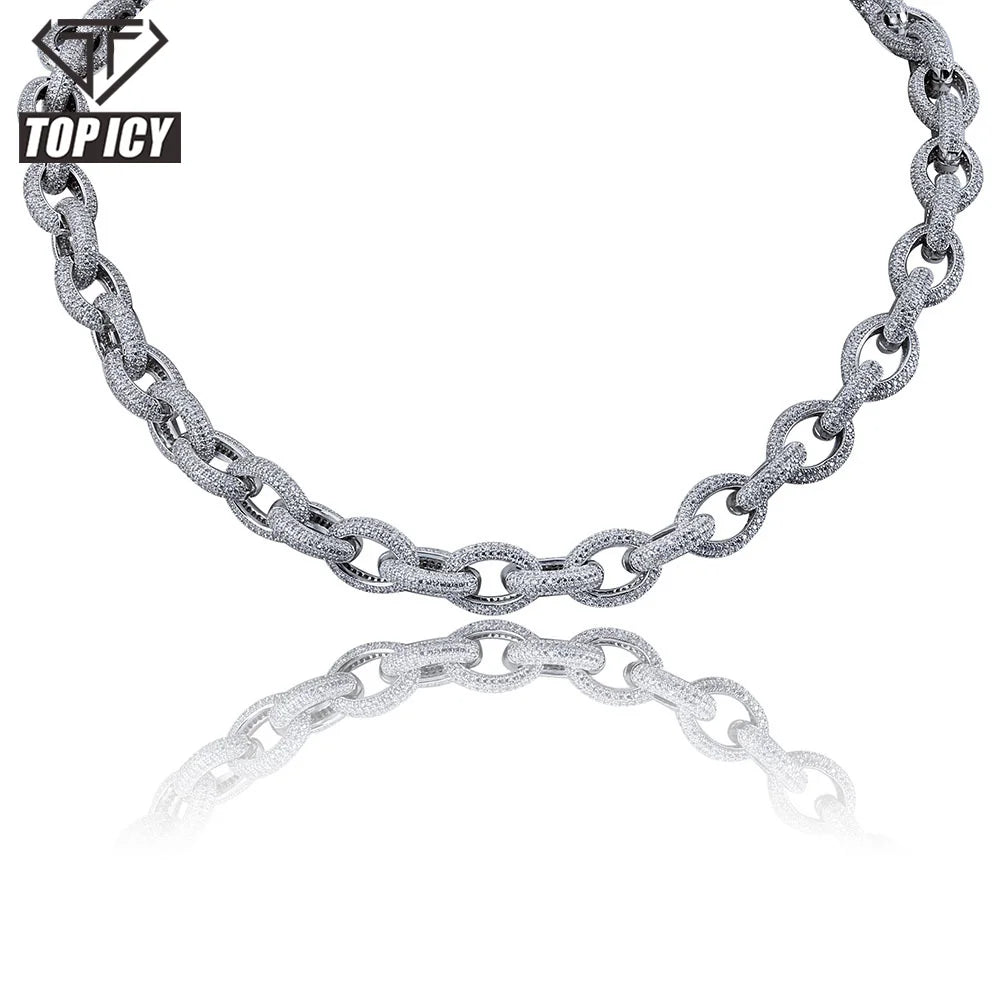Factory Wholesale Full Zircon 18K Gold Platinum Plated 12mm 22inches Iced Out Linked Chain Oval Twisted Cuban Link Iced Out