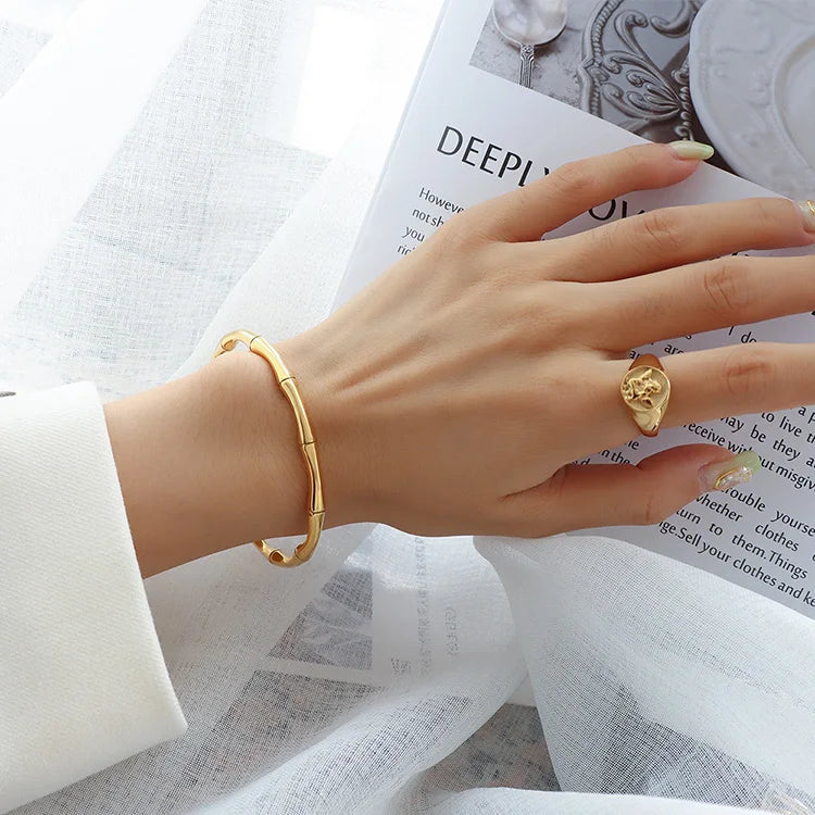 BS2046 Waterproof Non Tarnish 18K Gold Plated Stainless Steel Bamboo Joint Cuff Bracelet Bangle for Women