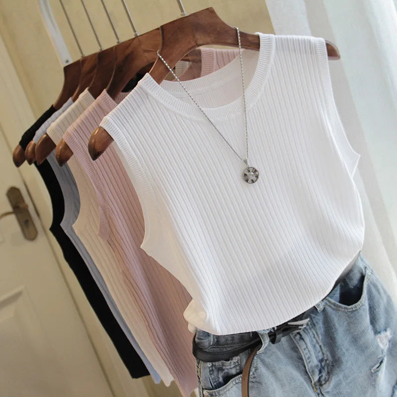 Fashion Women O-neck Summer Sleeveless Blouse Ladies Knit Shirts Vest