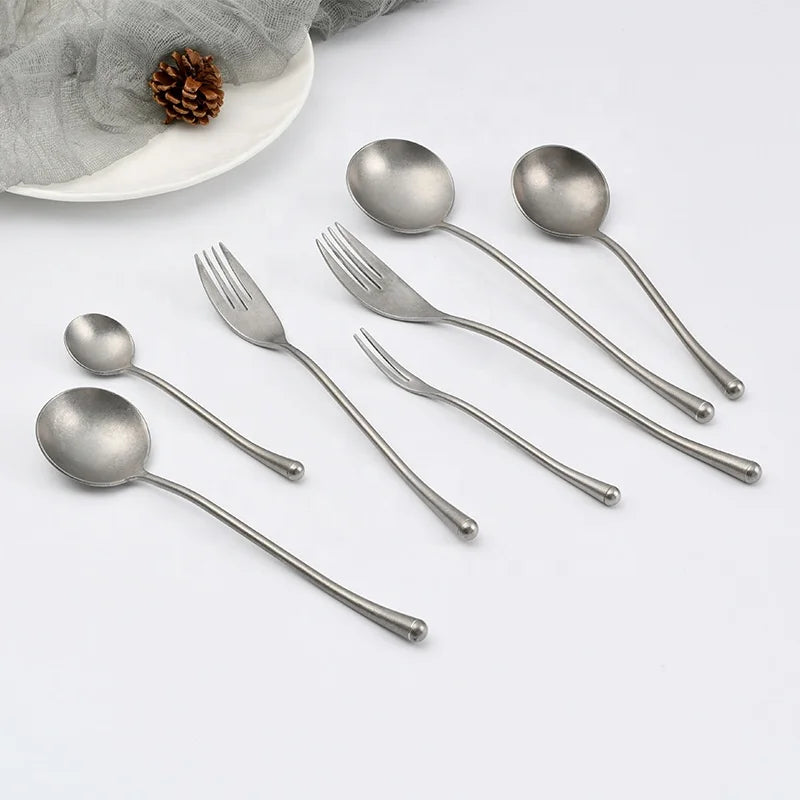 High Quality Retro Rustic Japanese Korean 18/8 304 Silver Stainless Steel  Cutlery Set Silverware Flatware for Restaurant