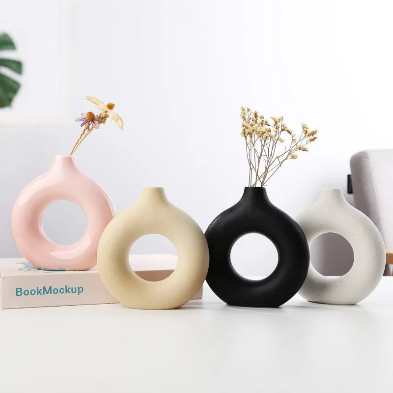 Handmade Creative Minimalist Round Black and White Home Decor Beige Doughnut Floral Vase