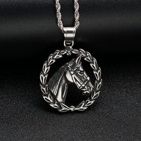 Custom Stainless Steel Animal Design Vintage Fashion Horse Head Olive Leaf Branch Circle Fine Jewelry Pendants for Women Men
