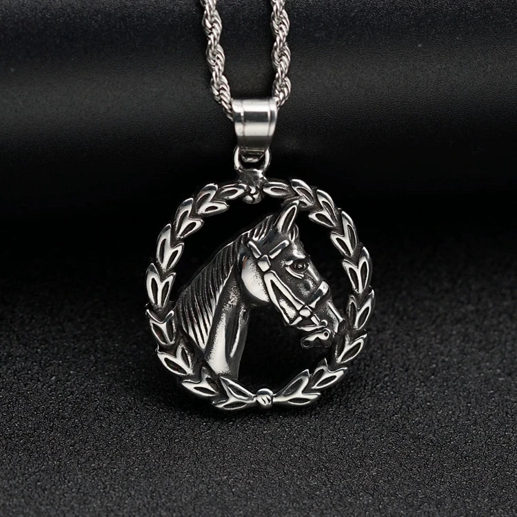 Custom Stainless Steel Animal Design Vintage Fashion Horse Head Olive Leaf Branch Circle Fine Jewelry Pendants for Women Men