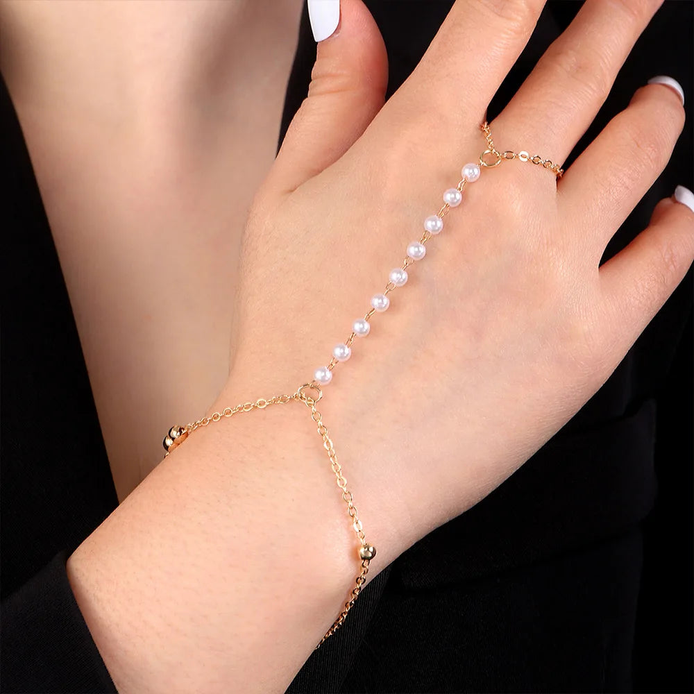 Fashion Imitation Pearl Bracelet Connected Wide Ring Jewelry Female Finger Wrist Chain Link Hand Harness Bangle Accessories