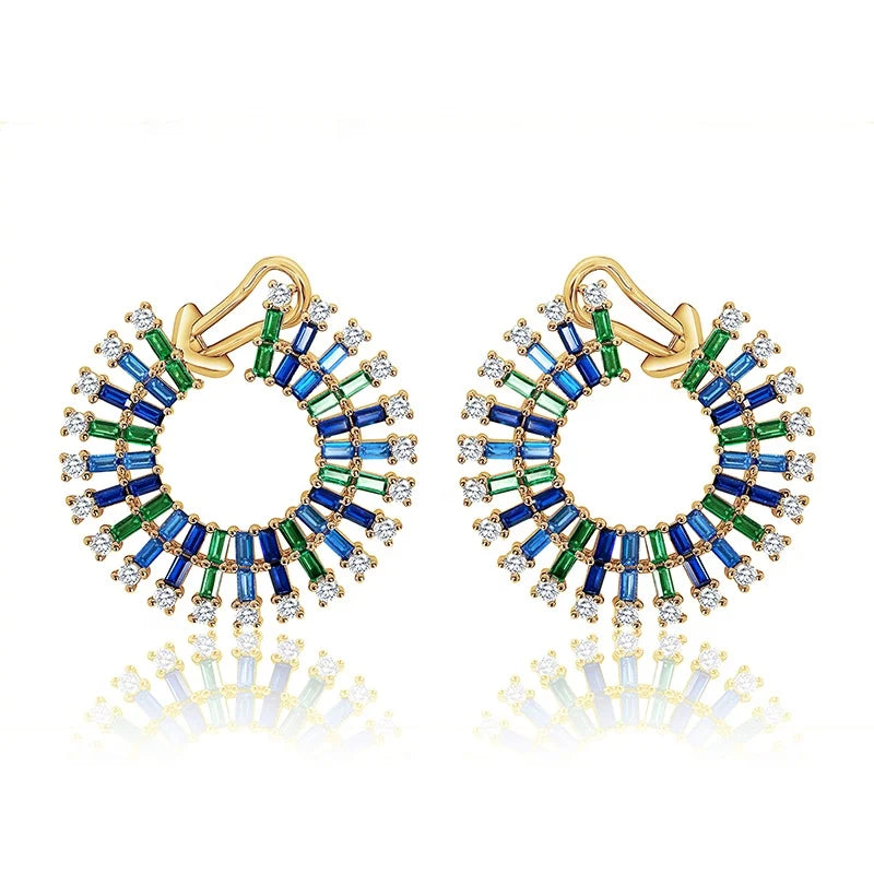 Luxury Jewelry Silver 925 Sterling Cuff Earrings Charming rainbow 18k Gold Cz Colorful Blue Zircon Design Earrings Popular Brand
