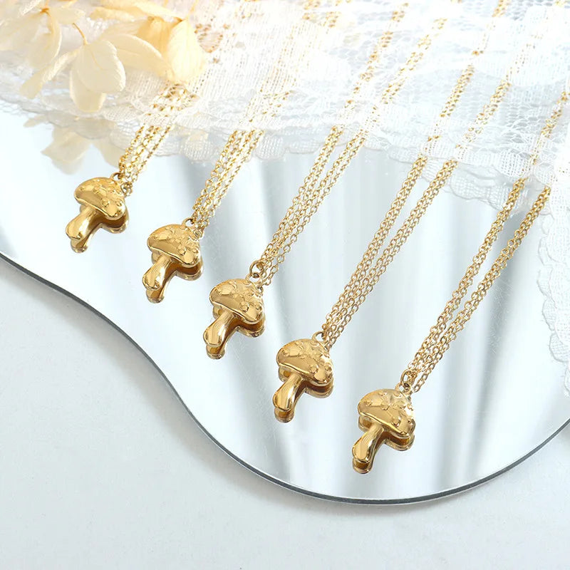 Stainless Steel Jewelry for Women Girls 18k Gold Plated Retro Small Mushroom Pendant Clavicle Chain Necklace