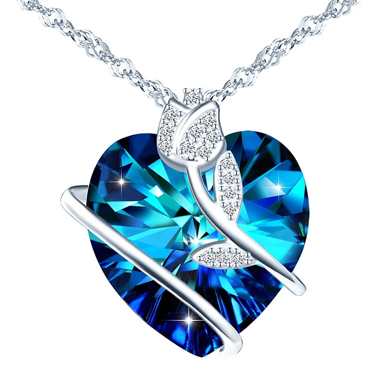 Women Gifts Romantic  Crystal Heart Rhodium Plated Charm Necklaces Sterling Silver Rose Necklace 925