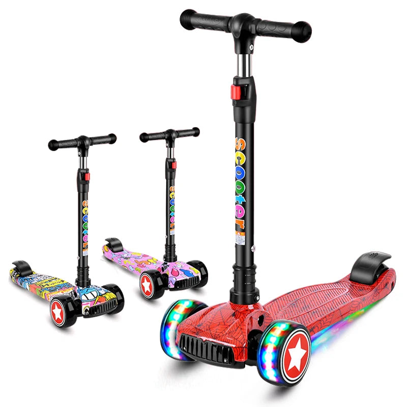 Loopingfun Cool Music Led Light Scooter Kids 3 PU Steel Frame Foldable Children's Kick Scooter Adjustable Handlebar for Girls