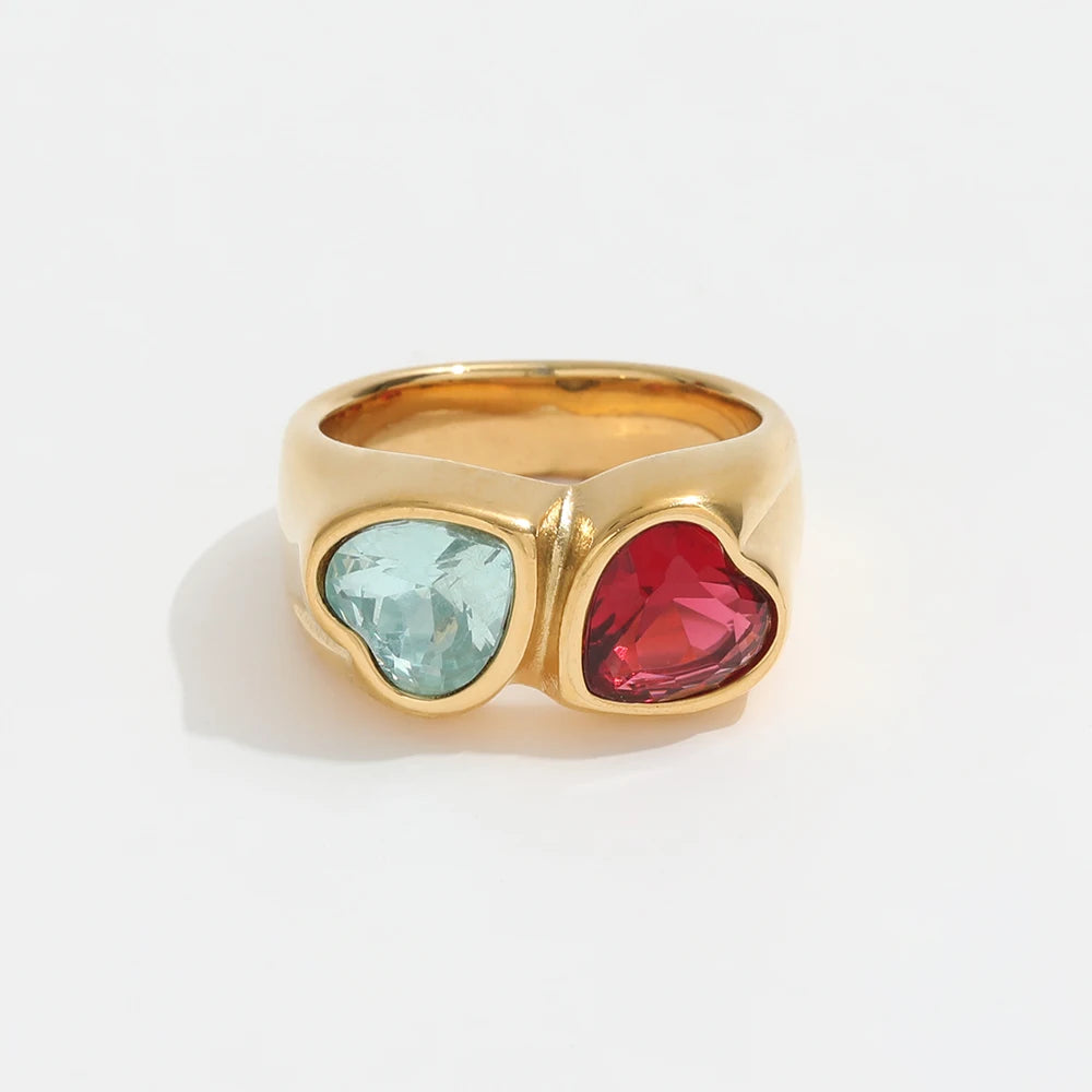 High End 18K PVD Gold Plated Plain Gold Two-tone Chunky Red Blue Heart Zirconia Stainless Steel Rings Fashion Jewelry MegaBDM