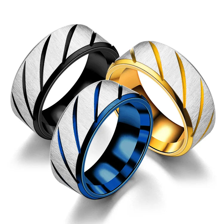 8mm European Fashion Design Simple Double Bevel Embossed Twill Rings Popular Stainless Steel Rings for Women Men