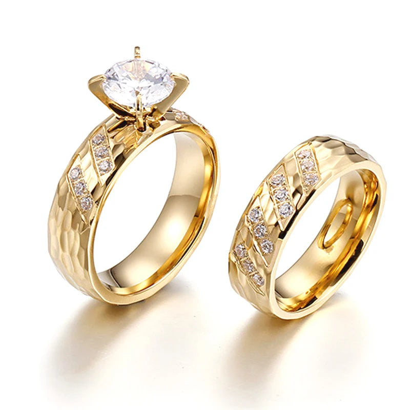 Custom 14k Golden Plated Wedding Engagement Statement Promise Ring Stainless Steel Gold Rings Diamond Jewelry Women